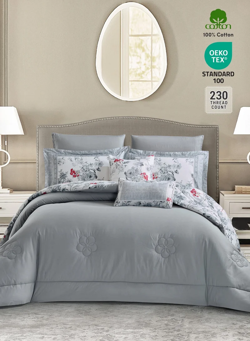Donetella Cotton 8-Piece King Comforter Bedding Set, Fits 200x200 cm, All Season Reversible Floral Printed With 350 GSM Down Alternative Filling, Iron